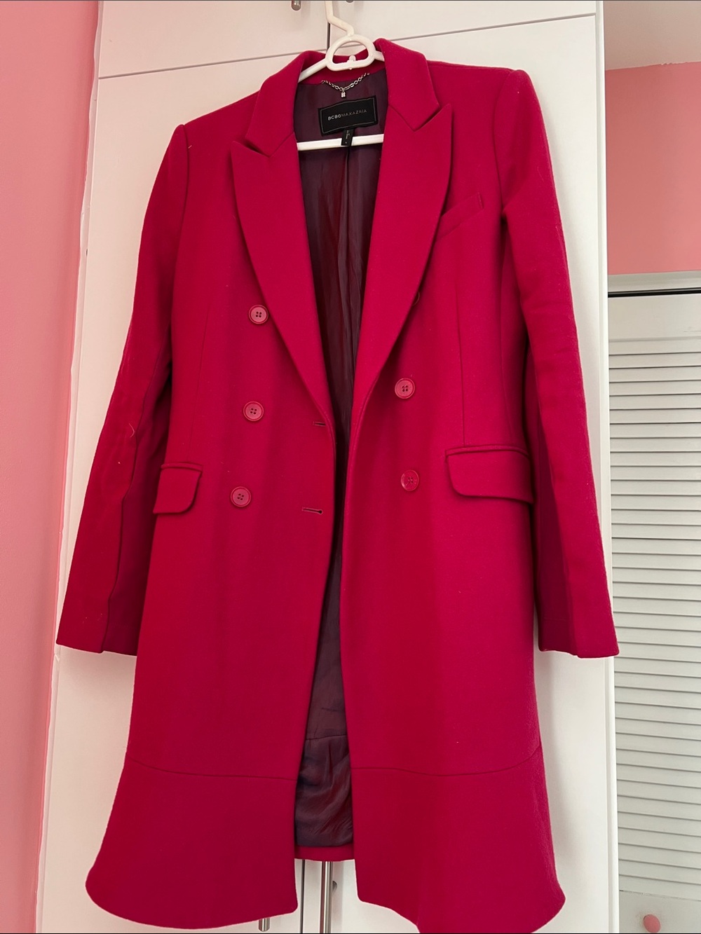 BCBGMAXAZRIA Fuchsia Wool Cashmere Double Breasted Long Coat S